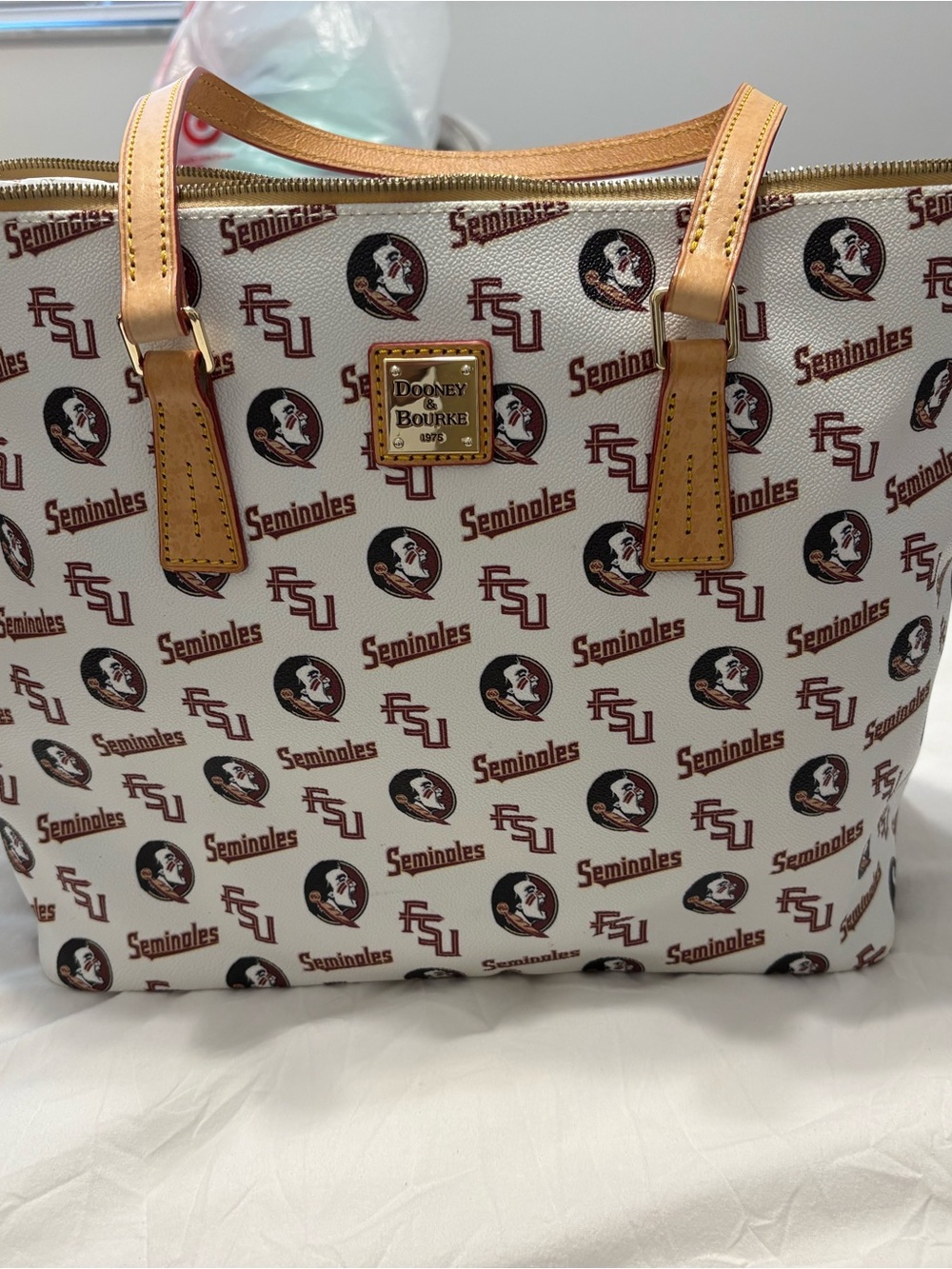 Dooney & Bourke White Seminoles Patterned Tote with Tan Trim